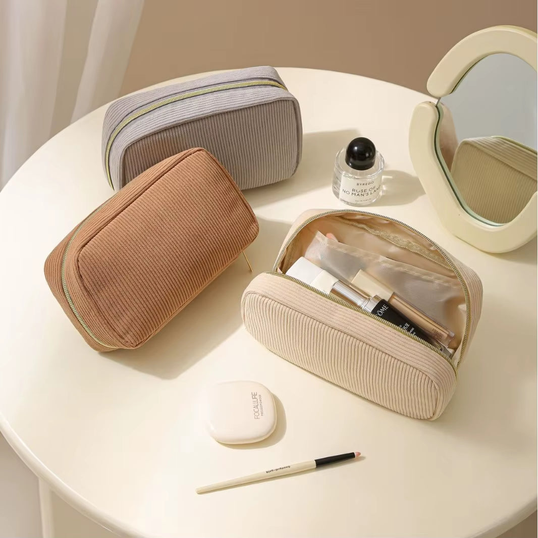 New Minimalist Corduroy Makeup Bag Hand in Hand, Large Capacity Travel Cosmetics Storage Bag, Makeup Bag for Women