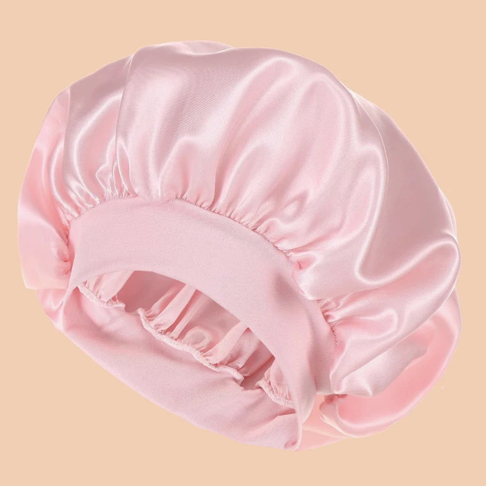 1Pc Women'S Solid Color Satin Wide-Brimmed Shower Cap, Suitable for Daily Use Silk Bonnet Satin Bonnet