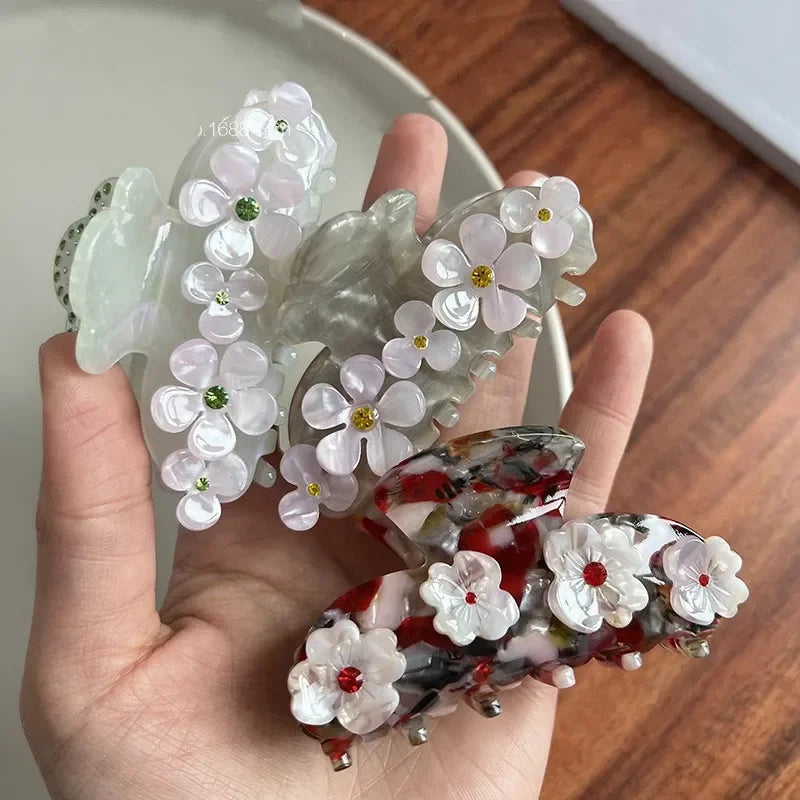 DS 8CM Rhinestone Flower Hair Claws Acetate Claw Clips Sweet Flower Series Crab Hair Clips for Women Girls Hair Accessories