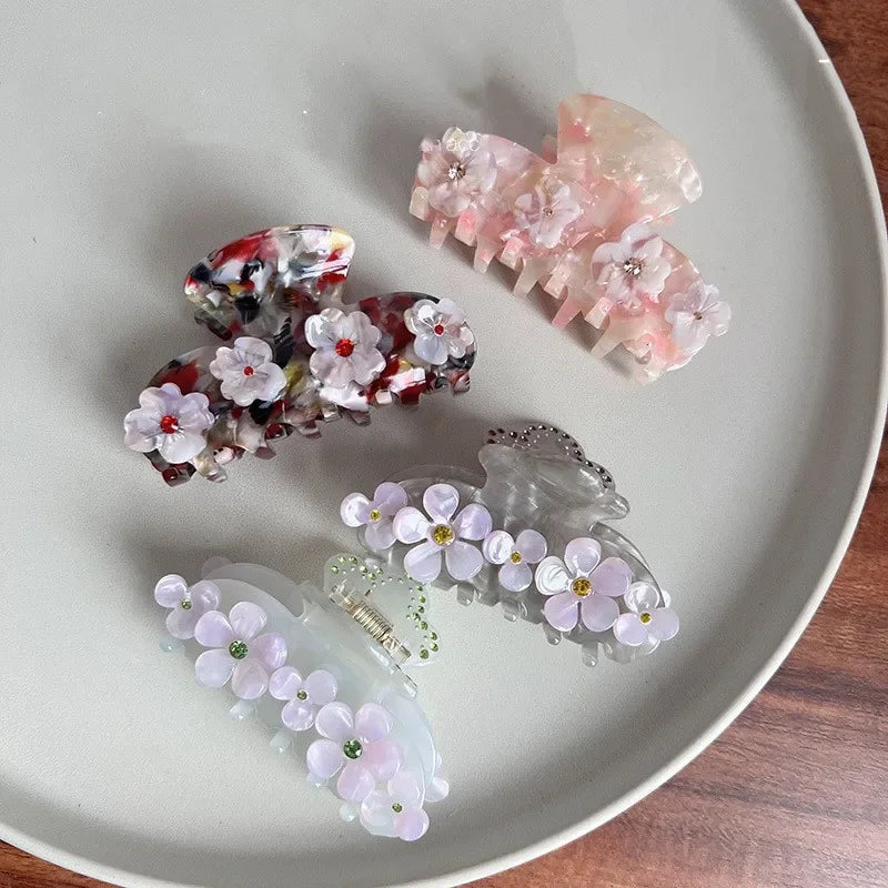 DS 8CM Rhinestone Flower Hair Claws Acetate Claw Clips Sweet Flower Series Crab Hair Clips for Women Girls Hair Accessories