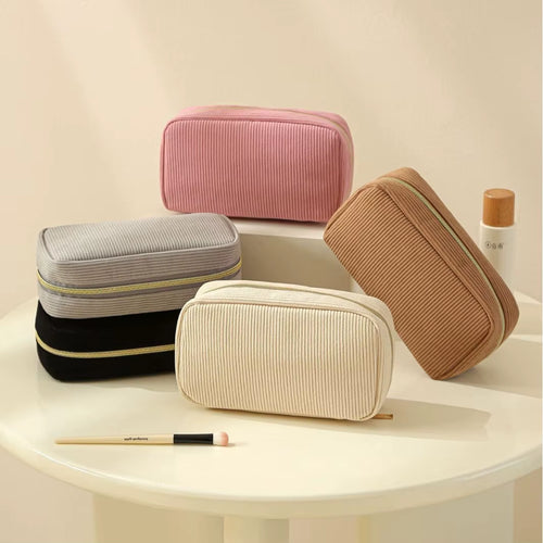 New Minimalist Corduroy Makeup Bag Hand in Hand, Large Capacity Travel Cosmetics Storage Bag, Makeup Bag for Women