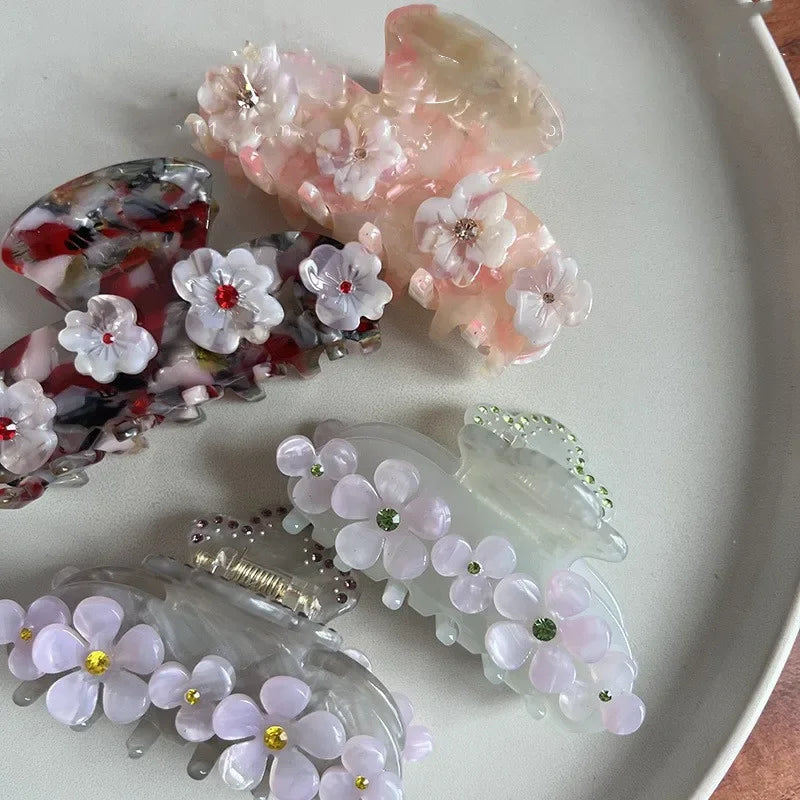 DS 8CM Rhinestone Flower Hair Claws Acetate Claw Clips Sweet Flower Series Crab Hair Clips for Women Girls Hair Accessories